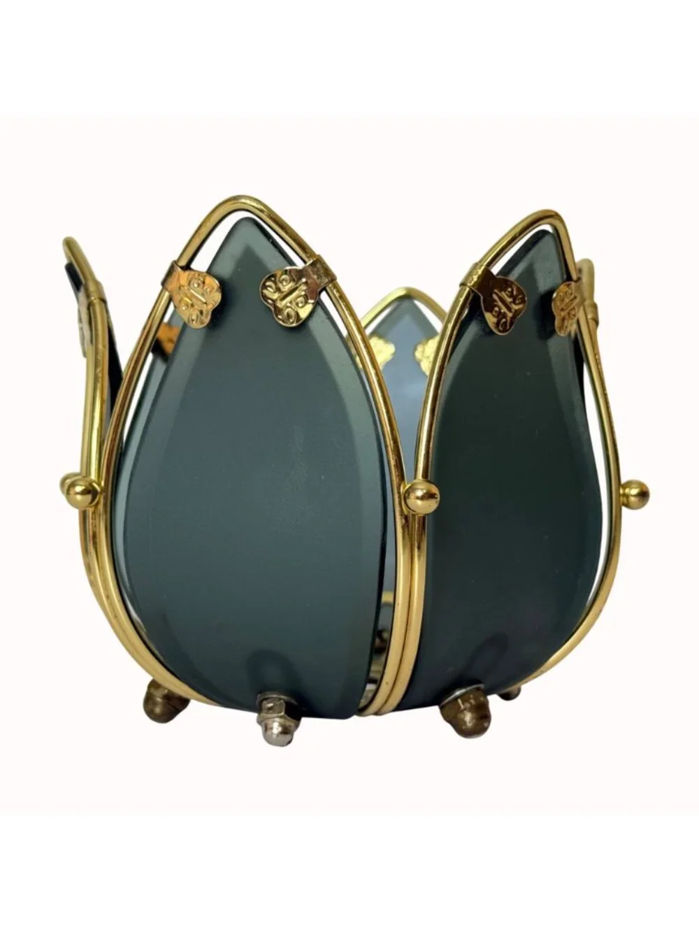 Vintage PartyLite Lotus Candle Holder Smoked Glass Brass Votive Tealight